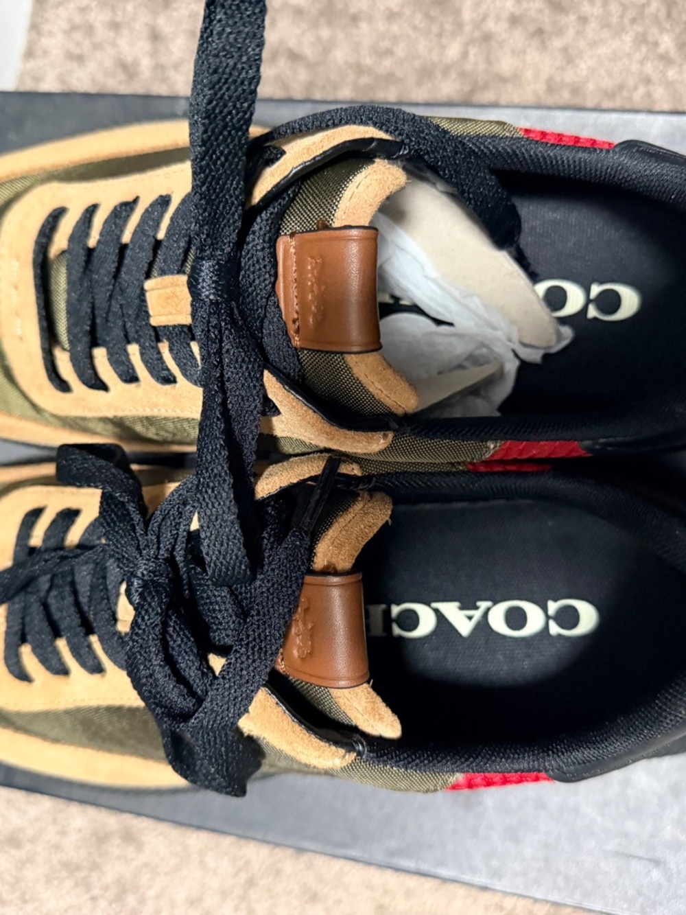 Coach Brown Suede and Black Leather Sneakers with Red Logo Accent - Picture 2 of 6